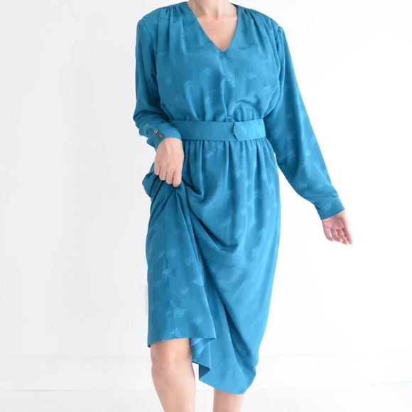 Vintage Teal Midi  Dress with Shoulder Pads & Belt - Picture 3 of 14
